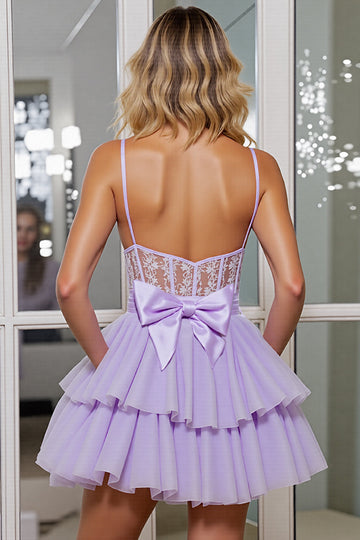 Lilac A Line Short Corset Cocktail Dress with Lace